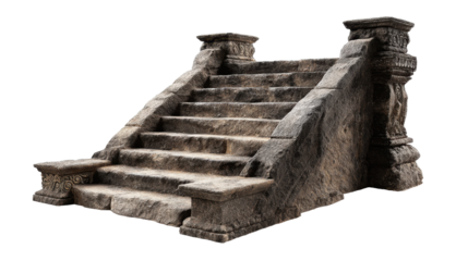 Ancient stone stairs with carved details leading upward, symbolizing progress, challenges, opportunity, and tradition, featuring historical architecture on transparent background