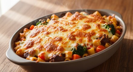 Delicious cheesy baked pasta dish with vegetables and meat, steaming hot and ready to serve.