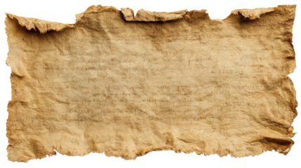 Old paper with faded text on a wrinkled and ripped aged surface, providing a grungy background for history, antique, and discovery themes, having a transparent background