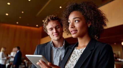 Two people in a modern office setting, engaged in conversation while looking at a tablet.
