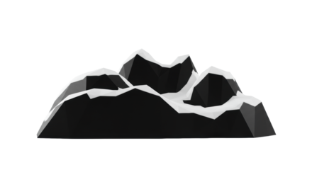 Precise, monochromatic black obsidian abstract sculpture of sharp mountain peaks, dramatically lit against a transparent infinity void background, perfect for copy space. Concept of stark minimalism
