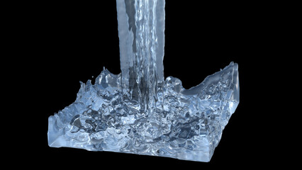 3D rendering of water being poured. 3D illustration of ripples of falling water isolated on a black background. Clipping Path