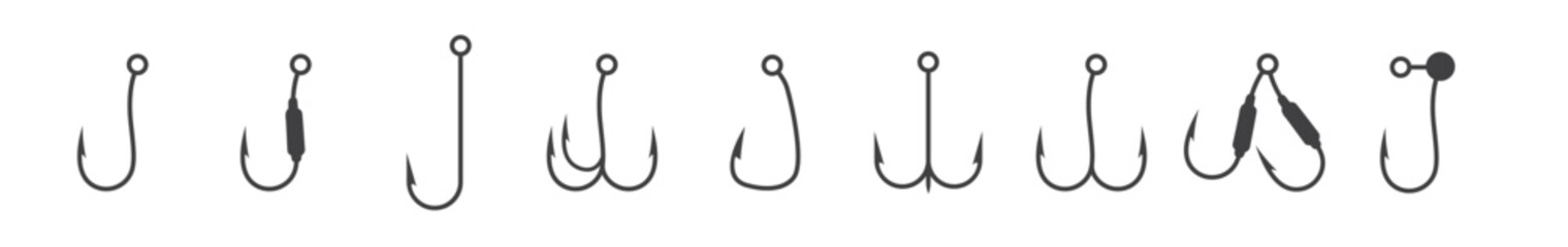 Diverse fish hook styles collection: minimalist, hand-drawn, pixel art, and more. Collection of various fishing hooks in a simple line art silhouette style, vector illustration.