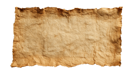 Vintage parchment scroll with uneven burnt edges, providing an aged paper texture and distressed background concept on a transparent art asset