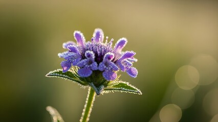 Close up of a delicate purple flower with dew drops in soft sunlight