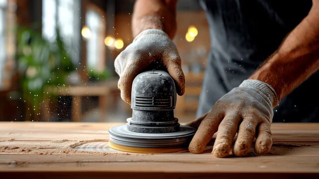 Skilled craftsman using a power sander on wooden surface, showcasing meticulous attention to detail, with gradual zoom in on the sanding process and dust particles in the air