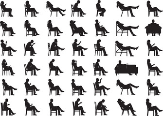 Diverse Silhouettes of People Sitting, Relaxing, and Reading, Depicting Various Postures and Seating Arrangements in a Minimalist Vector Collection