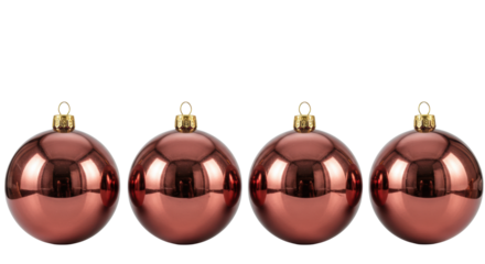 four perfectly aligned, polished rose gold christmas baubles with golden caps, detailed specular reflections, isolated on a transparent studio background with copy space, modern luxury christmas
