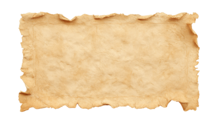 Blank vintage parchment scroll with ragged torn edges and weathered distressed texture, ideal as an empty historical or decorative canvas, isolated on a transparent background