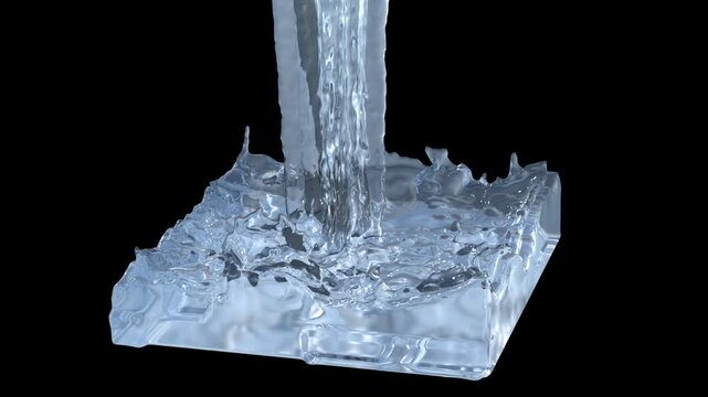 3D rendering of water being poured. 3D animation of ripples of falling water isolated on a black background. 