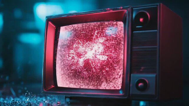 Retro television exploding with broken glass and digital static
