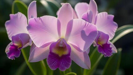 Close up of vibrant orchid flowers in full bloom with detailed petals