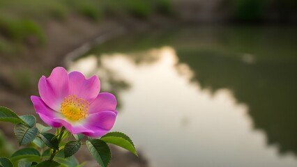 Close up of vibrant pink flower with yellow center near calm water