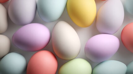 Pastel-colored Easter eggs arranged in a pattern. Each egg features a smooth, matte finish and a unique pastel hue