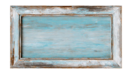 Blue shabby chic wooden frame with distressed paint texture presenting an empty light blue wood background, ideal for rustic vintage designs on a transparent cutout
