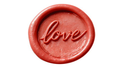 Red sealing wax stamp embossed with the word love in elegant cursive, glossy vintage emblem symbolizing romance, commitment and heartfelt correspondence on transparent background