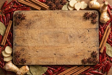 Top view flat lay frame of dried red chili peppers, cinnamon sticks, star anise and galangal on rustic wooden cutting board background with copy space. Spicy asian food cooking ingredients layout.