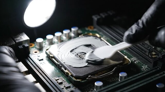 Close-up of gloved hands applying thermal paste to a computer processor on a circuit board with a bright spotlight.