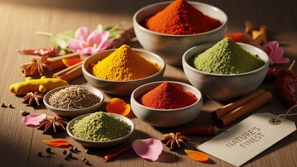 Vibrant array of colorful spices and herbs arranged in bowls, evoking culinary inspiration and global flavors.