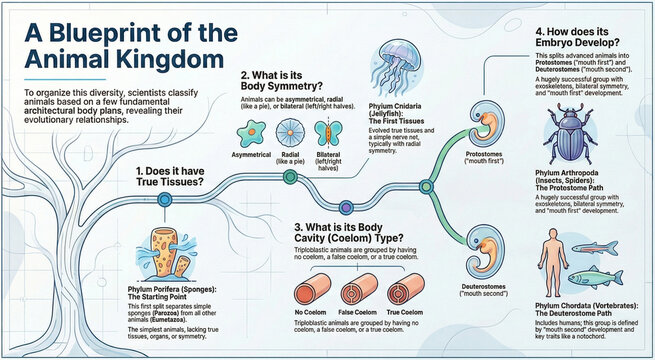 Infographic explaining animal classification through key biological traits like tissues, symmetry, body cavity, and embryonic development stages.
