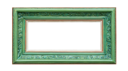 Ornate green rectangular picture frame with vintage details and carved patterns, providing a classic border for showcasing art or memories, transparent background