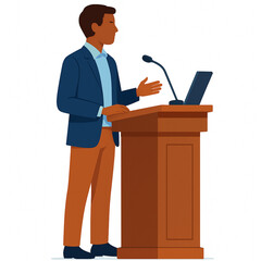Professional businessman giving a speech or presentation at a podium