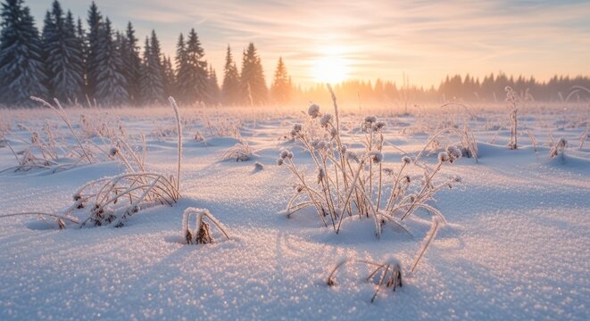 Golden sunrise illuminates a frosty winter meadow with snow-covered grass and distant pine trees. - Powered by Adobe