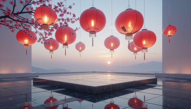 Floating red lanterns glowing in geometric cyberpunk cityscape at sunset   - Powered by Adobe