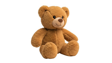 A single classic, brown, fluffy teddy bear, a soft, cuddly stuffed animal toy, isolated on white or transparent background. PNG