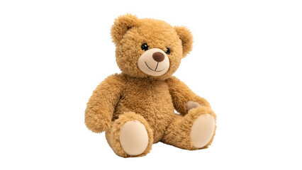 A single classic, brown, fluffy teddy bear, a soft, cuddly stuffed animal toy, isolated on white or transparent background. PNG