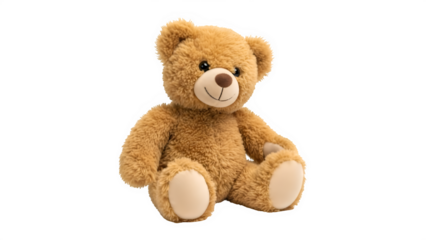 A single classic, brown, fluffy teddy bear, a soft, cuddly stuffed animal toy, isolated on white or transparent background. PNG