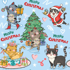 Cute kitty cat having fun on christmas day on blue background seamless pattern