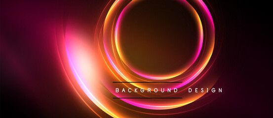 Abstract neon lights create circular shapes, vibrant pinks, oranges, yellows. Dark background emphasizes glowing design elements.