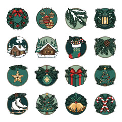 Christmas vector icon set collection with decoration, gift box, tree, ball, and cartoon snowman illustration