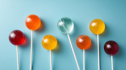 Simple arrangement of lollipops on baby blue background, no clutter