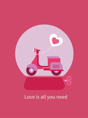 Happy valentines day.A festive snow globe with a motorcycle and heart. Festive magic, gifts, and lovely joy. cards, posters, branding. Vector illustrations.