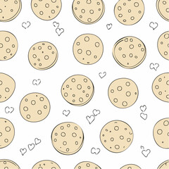 Simple cute cookie flat vector seamless pattern. Hand drawn vector seamless pattern in doodle style. Continuous line drawing.