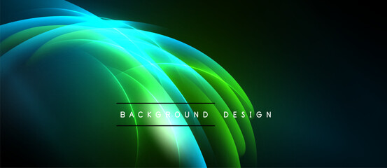 Abstract flowing lines, vibrant greenblue hues. Dark background emphasizes luminous curves, creating dynamic visual effect. Modern design element.