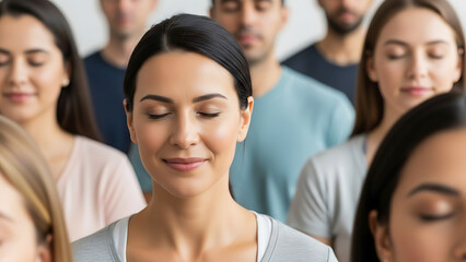 Group of diverse people meditating with eyes closed in a calm setting