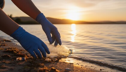 Gloved hands picking up a discarded plastic bottle from the shoreline at sunset symbolizing environmental responsibility conservation awareness and community cleanup efforts