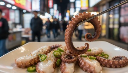 Marinated cooked octopus tentacles garnished sliced green chili peppers sesame seeds drizzled oil white plate blurred busy Asian street food market background