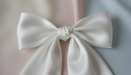A soft warm white satin bow displayed in a minimal serene setting with pale neutral light creating a calm elegant tone and a subtle refined presence