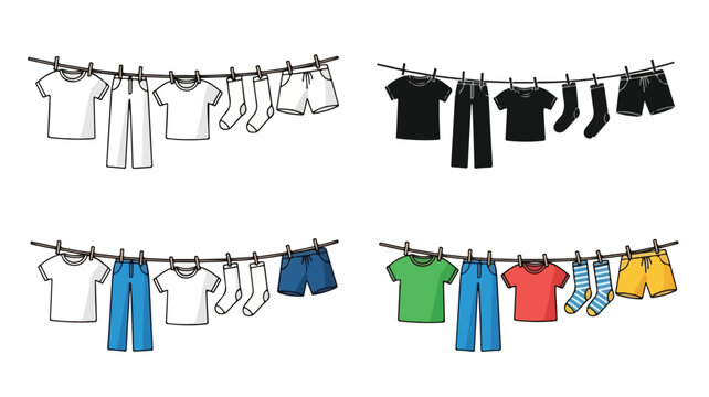 Illustration of various colorful clothes hanging on a clothesline against a white background.