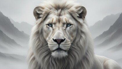 Fototapeta premium A pale neutral lion framed by soft diffused misty mountains creating a serene contemplative atmosphere with gentle light emphasizing purity calm and quiet strength