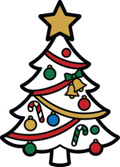 Decorated Christmas Tree Illustration – Colorful Holiday Tree with Ornaments, Candy Canes & Star