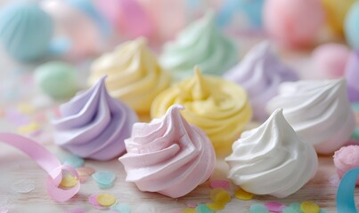Assorted mini meringues in pastel and bright colors (pink, yellow, mint, lavender, white), arranged playfully on a party table