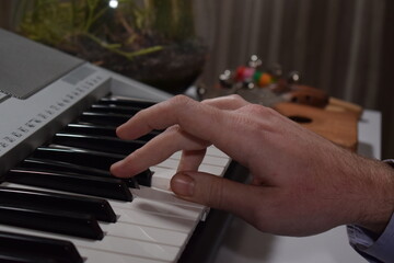 A young white man plays an electronic synthesizer indoors, immersed in his creative hobby. Focused on shaping tones and melodies, he explores musical expression and artistry in a calm home setting.
