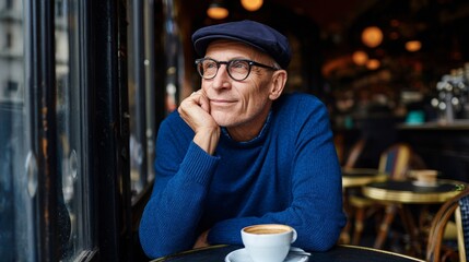 Man sitting at cafe table, smiling, drinking coffee.