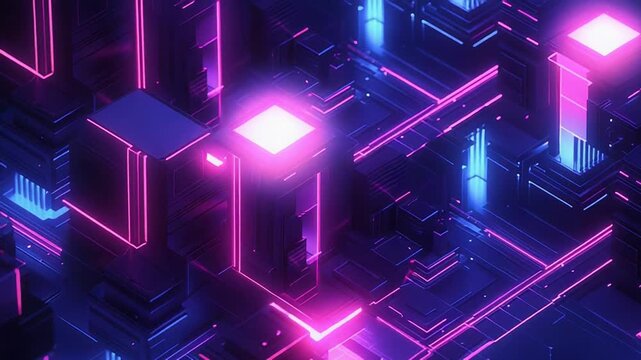 Digital infrastructure creating a futuristic isometric neon cityscape