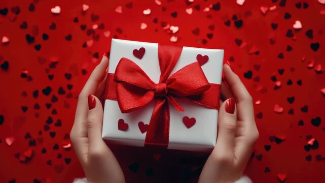 A person is holding a white box with a red bow on it. The box is filled with red hearts